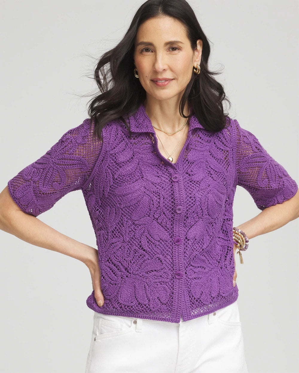 Chico's Palm-Frond Crochet-Lace Shacket