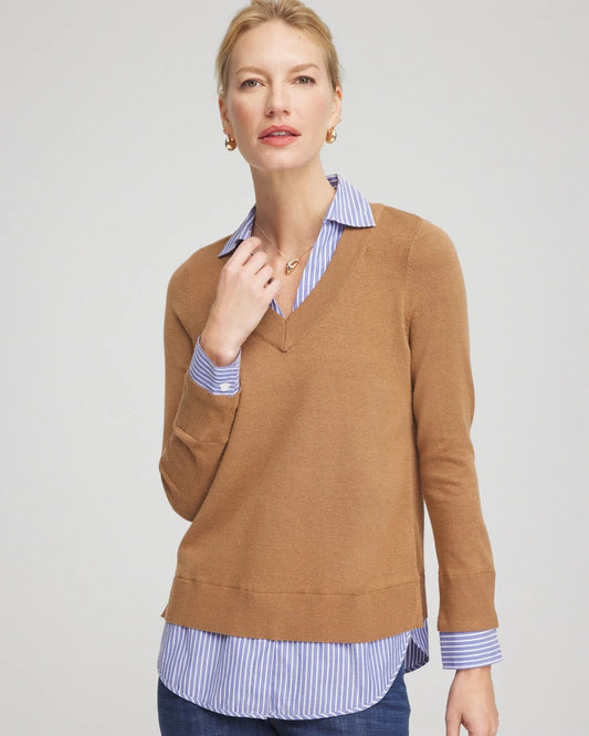 Chico's Camel Built-In Shirt Knit Sweater