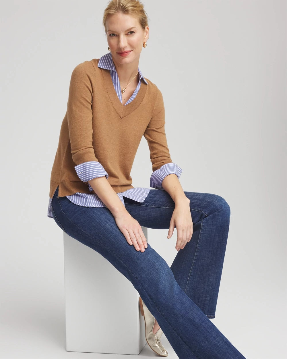 Chico's Camel Built-In Shirt Knit Sweater