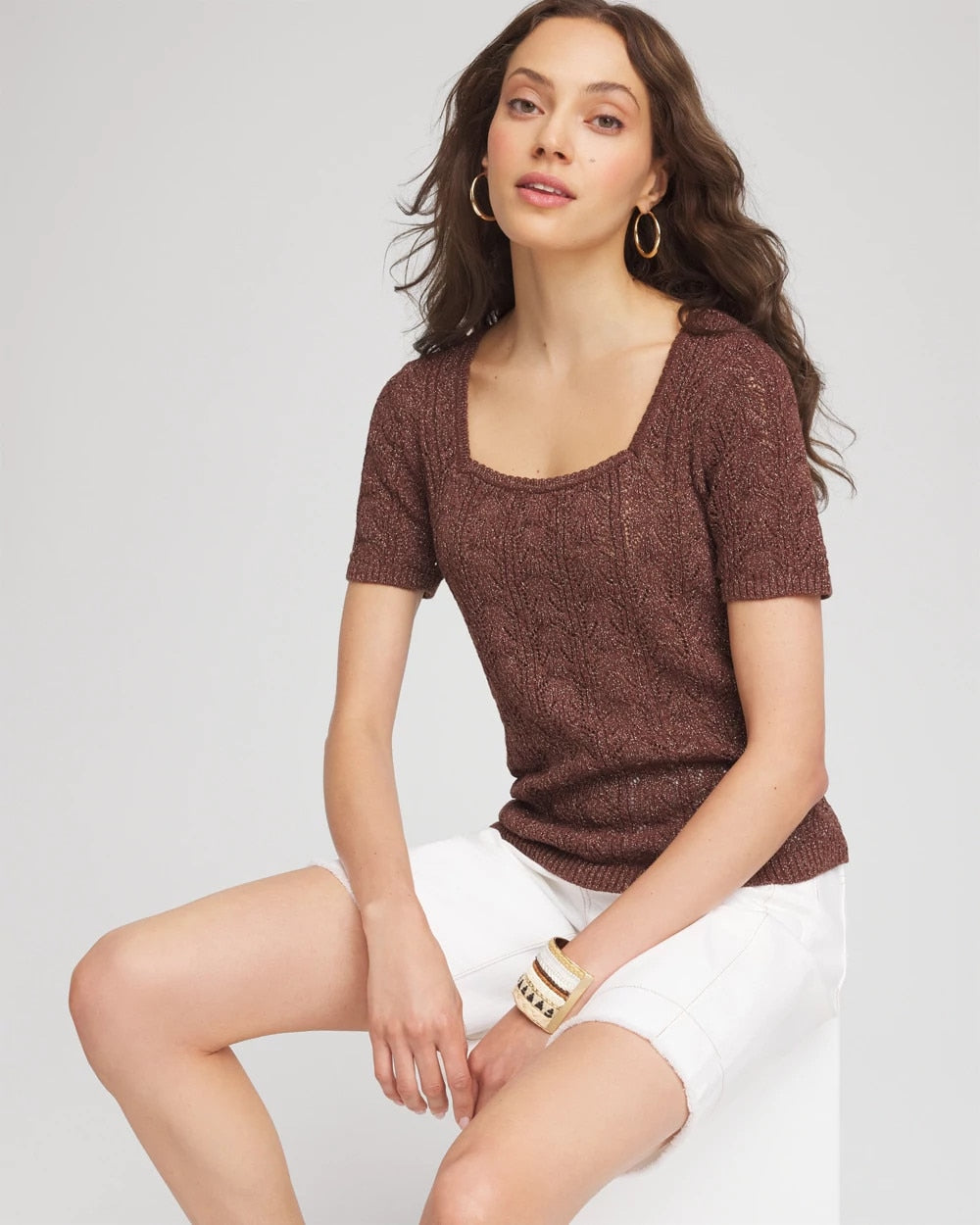 Chico's Pointelle Square-Neck Pullover Sweater