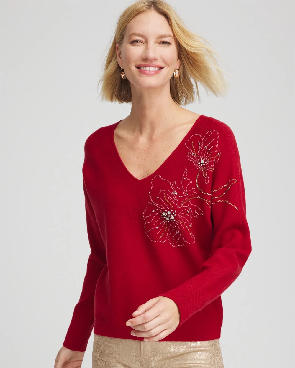 Chico's Floral Embellished Dolman V-Neck Pullover