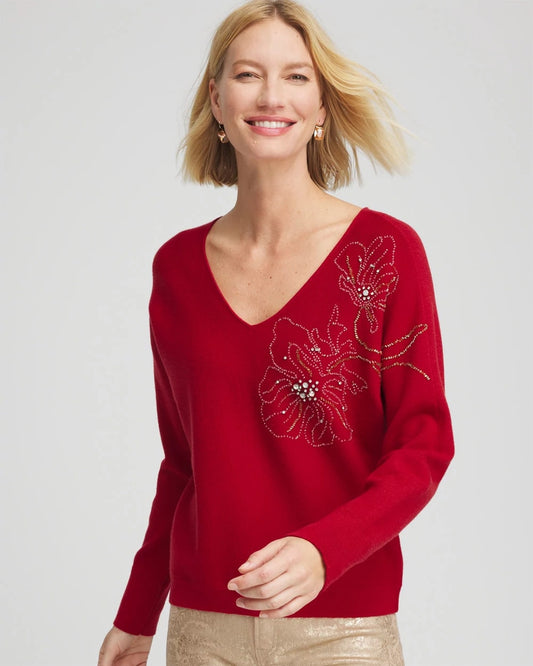 Chico's Floral Embellished Dolman V-Neck Pullover
