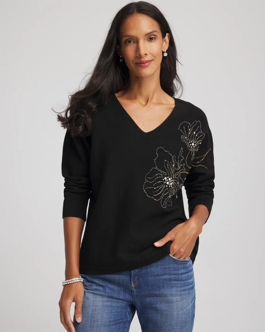 Chico's Floral Embellished Dolman V-Neck Pullover