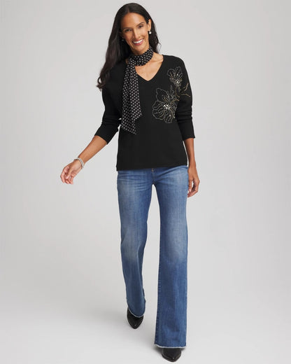 Chico's Floral Embellished Dolman V-Neck Pullover
