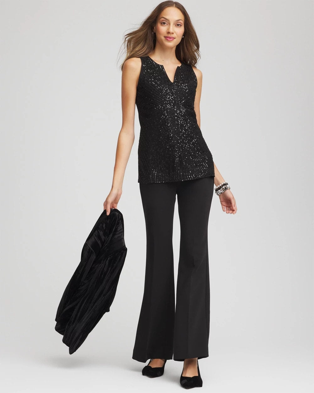 Chico's Sequin Beaded Notch Neck Tank