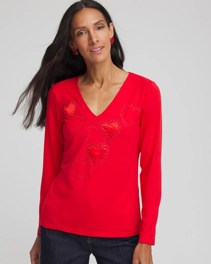 Chico's Embellished Heart V-Neck Tee