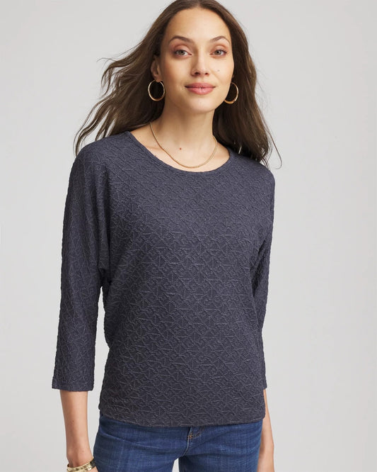 Chico's Textured Denim-Motif Tapered-Hem Top