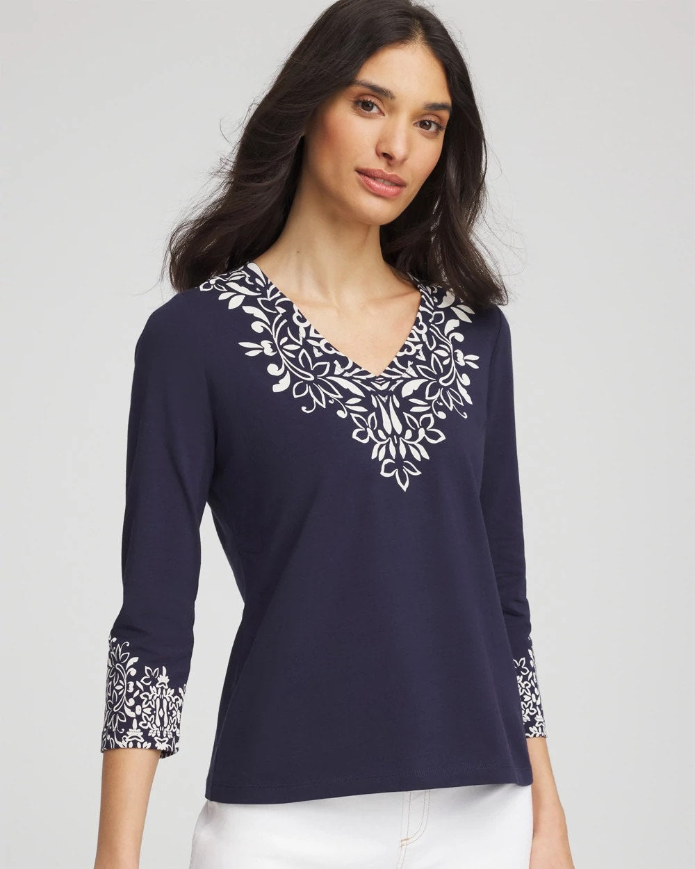 Chico's Chic Scroll 3/4 Sleeve Perfect Tee