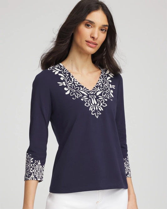 Chico's Chic Scroll 3/4 Sleeve Perfect Tee