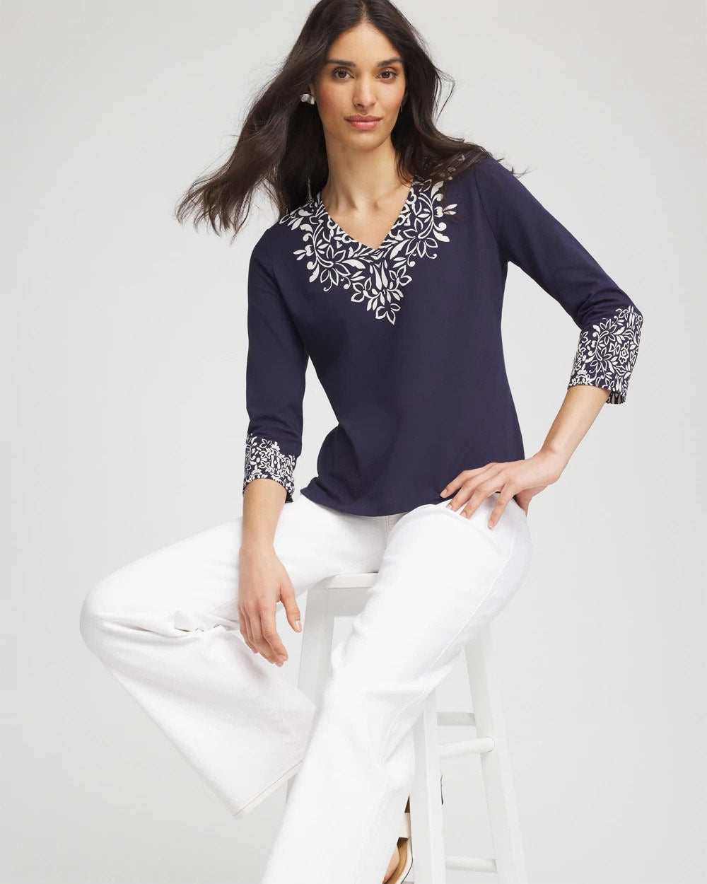 Chico's Chic Scroll 3/4 Sleeve Perfect Tee