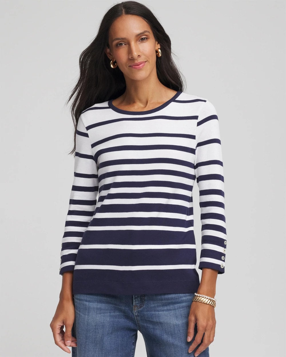 Chico's Striped 3/4 Sleeve Perfect Tee