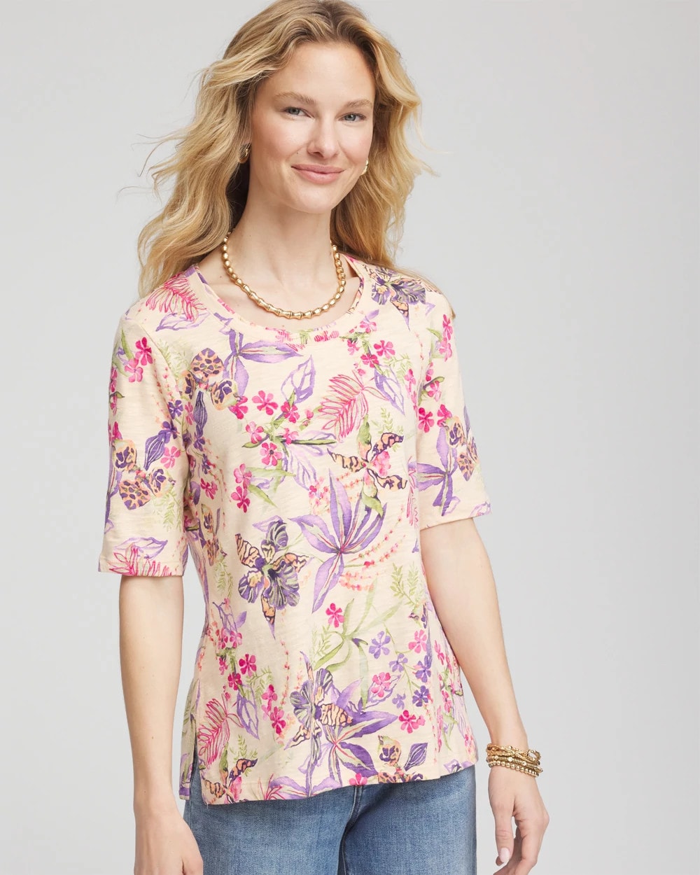 Chico's Tropical Floral Elbow-Sleeve Tee