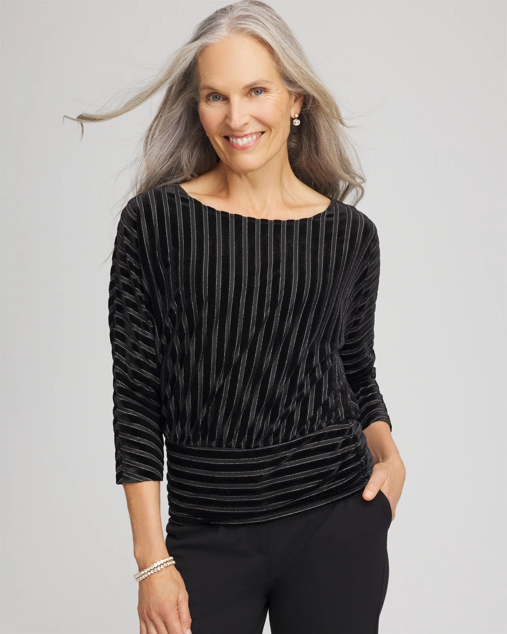Chico's Velvet Burnout Stripe Banded-Bottom Top