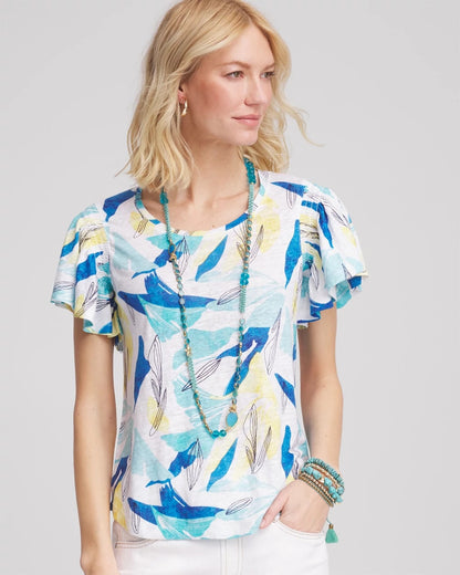 Chico's Linen Smocked Flutter-Sleeved Tee