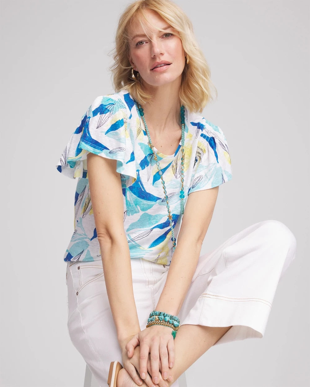 Chico's Linen Smocked Flutter-Sleeved Tee