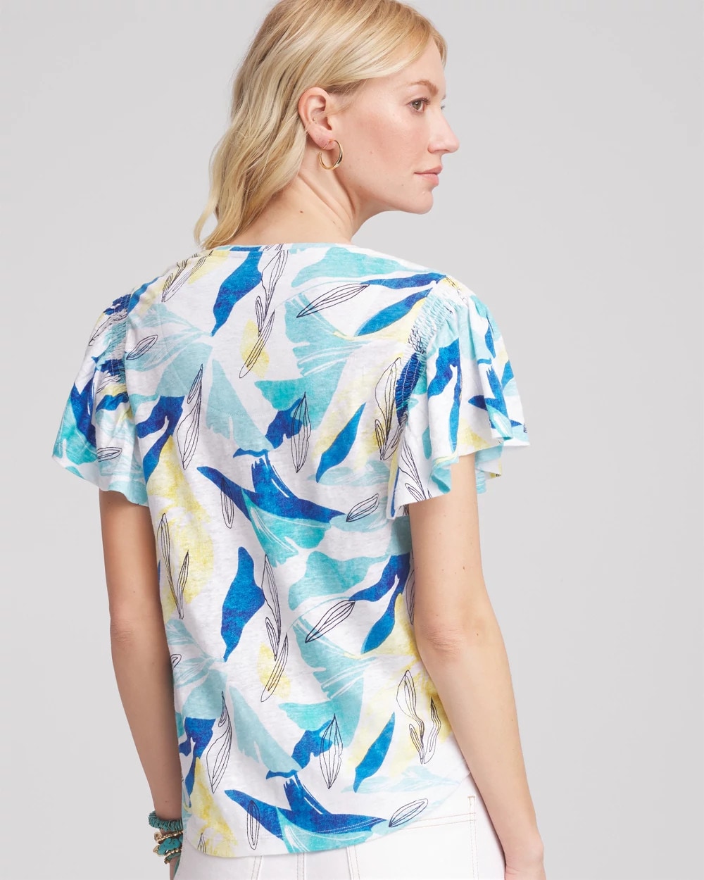 Chico's Linen Smocked Flutter-Sleeved Tee