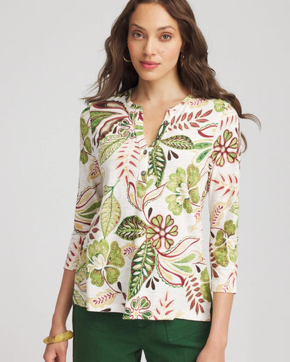 Chico's Tropical Cotton Slub Henley Shirt