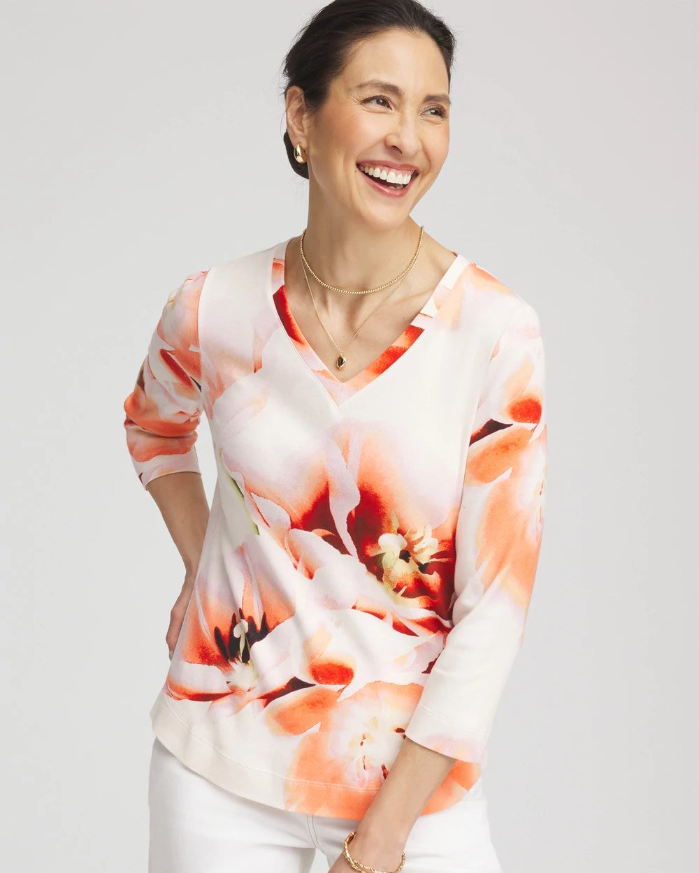 Chico's Tropical Floral 3/4 Sleeve Tee