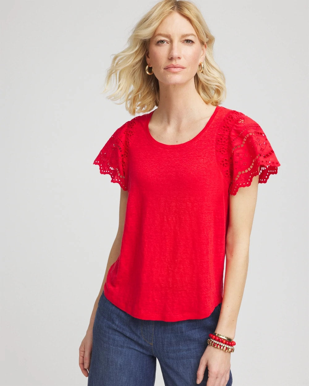 Chico's Linen Embroidered Lace Tee