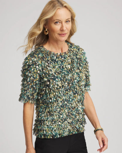 Chico's Foiled Mesh Ruffle Crop Tee