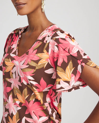 Chico's Floral Petal-Sleeve Voop Neck Tee