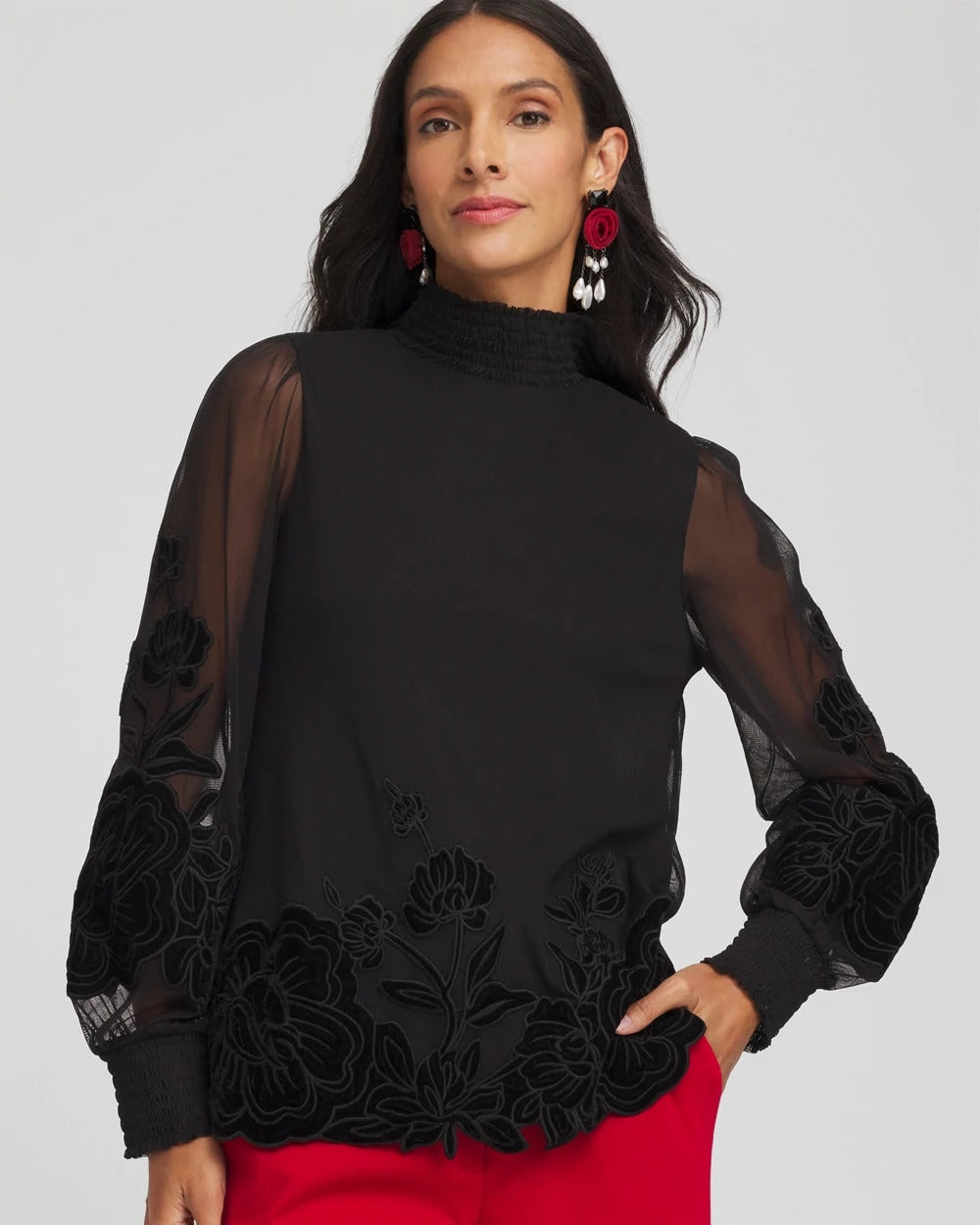 Chico's Sheer Mesh Velvet Appliqué Top