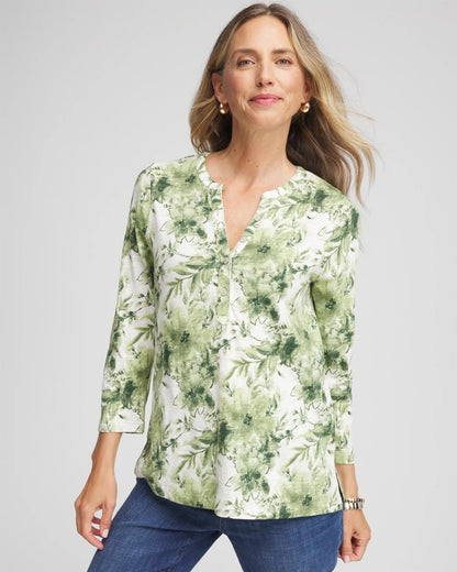 Chico's Printed Slub Splitneck Henley Tee