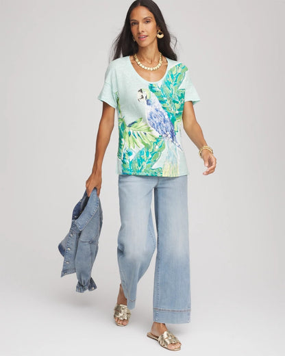 Chico's Linen Embellished Parrot Easy Tee