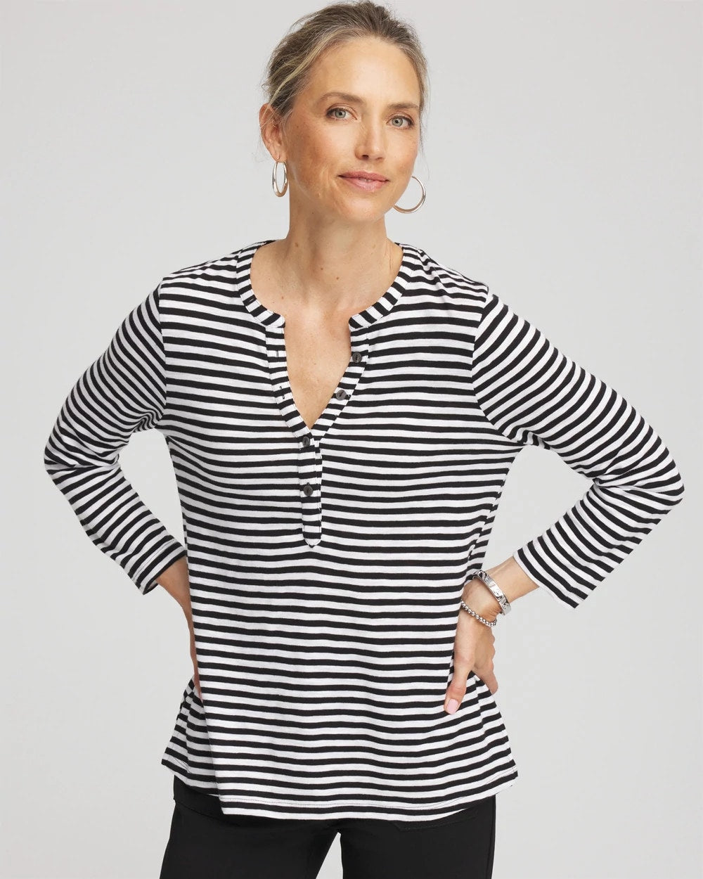 Chico's Striped Slub Splitneck Henley Tee