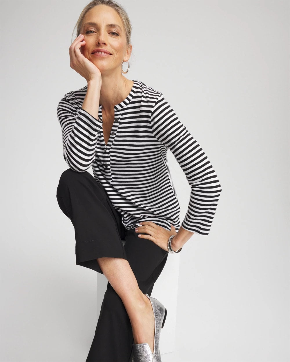 Chico's Striped Slub Splitneck Henley Tee