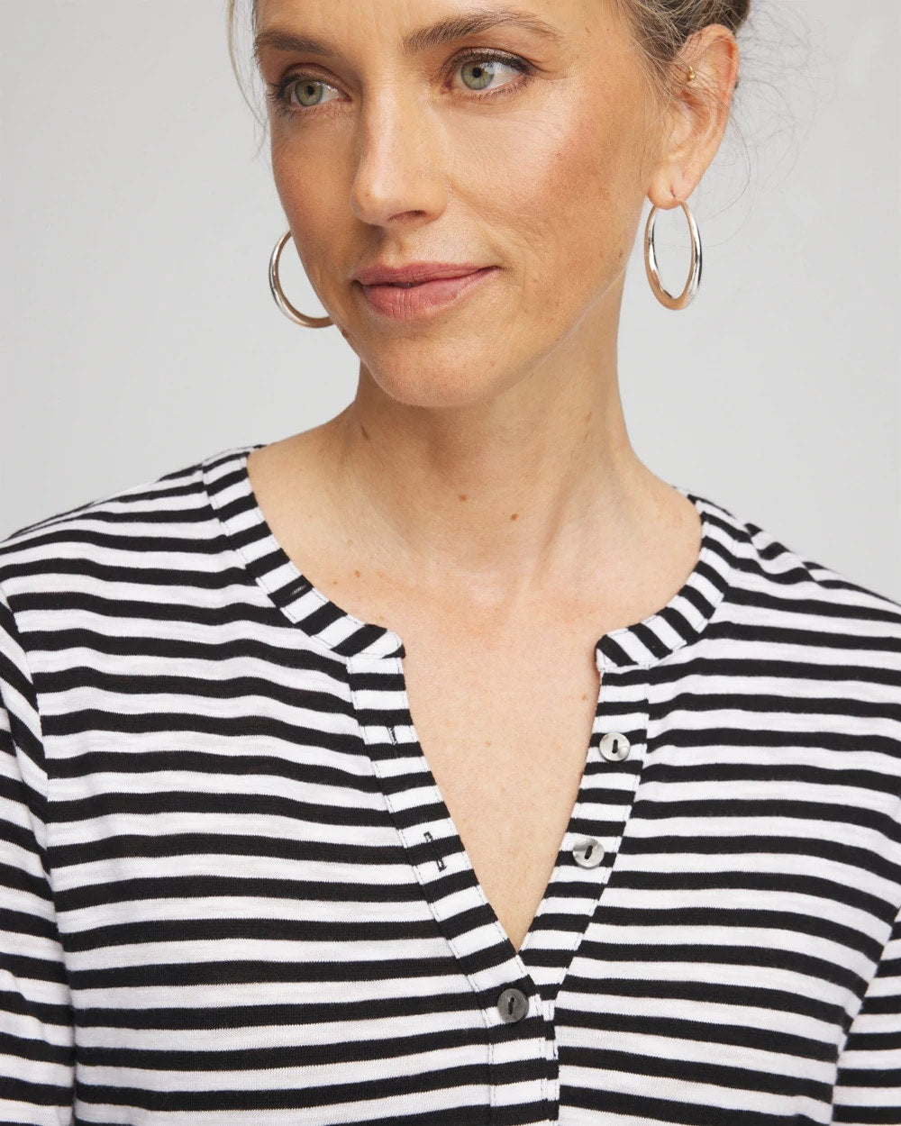 Chico's Striped Slub Splitneck Henley Tee