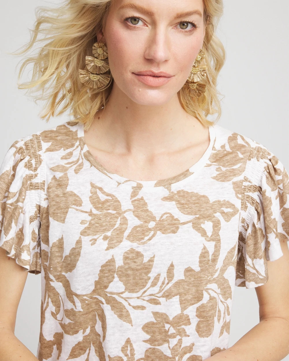 Chico's Linen Leaf Print Flutter Sleeve Tee
