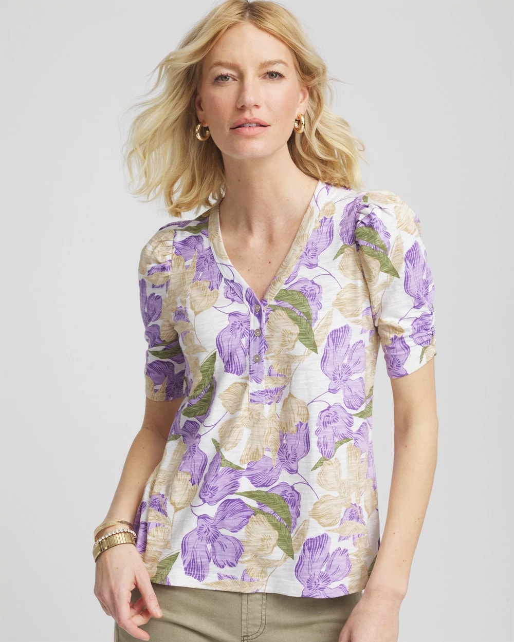 Chico's Floral Slub Henley Tee