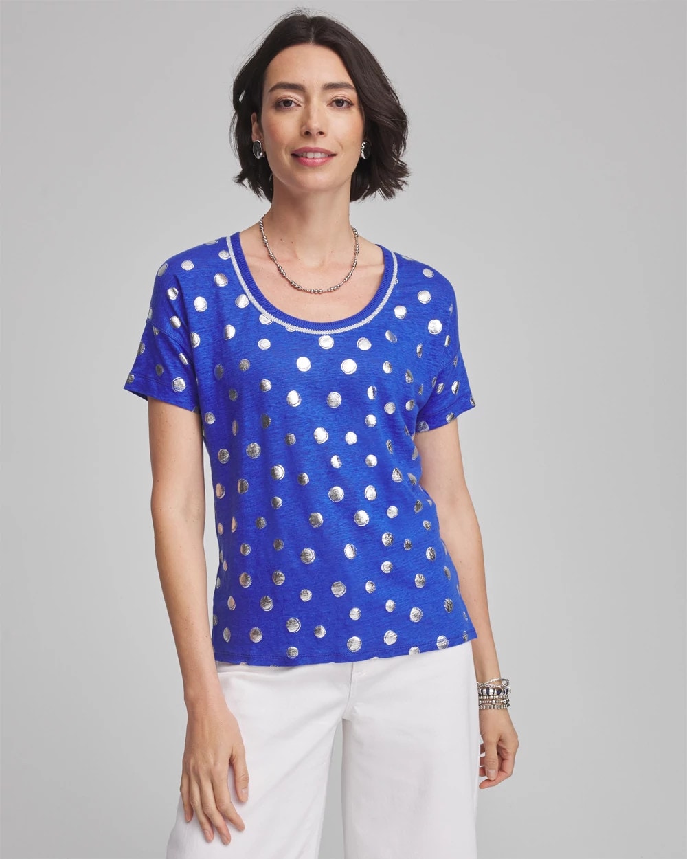 Chico's Foiled Polka-Dot Sweater-Trim Linen Tee