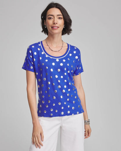 Chico's Foiled Polka-Dot Sweater-Trim Linen Tee