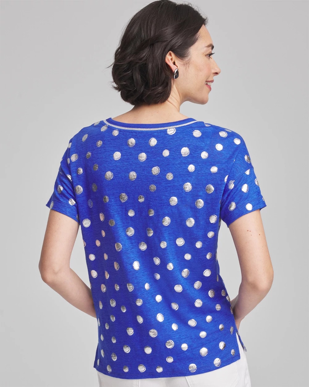 Chico's Foiled Polka-Dot Sweater-Trim Linen Tee
