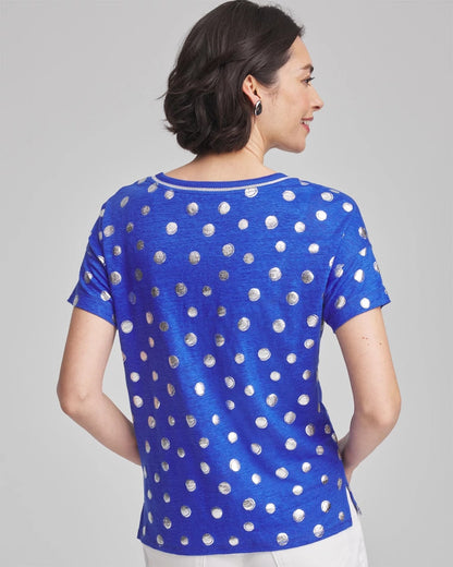 Chico's Foiled Polka-Dot Sweater-Trim Linen Tee