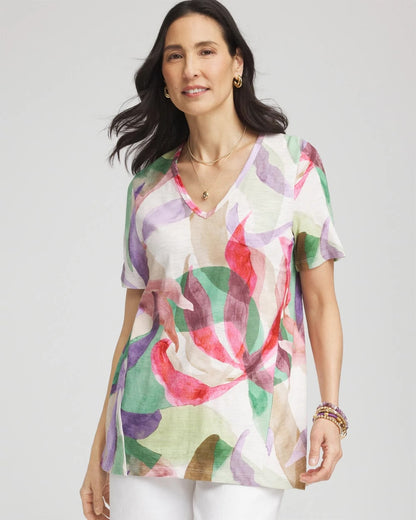 Chico's Floral Short Sleeve Forward-Seam Tee