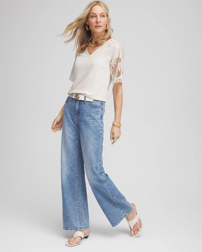 Chico's Linen Crochet Lace Short Sleeve Tee