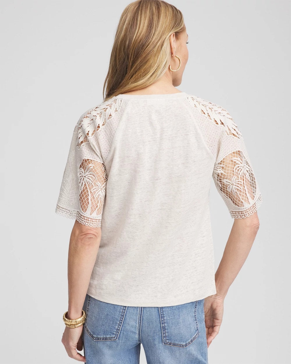 Chico's Linen Crochet Lace Short Sleeve Tee