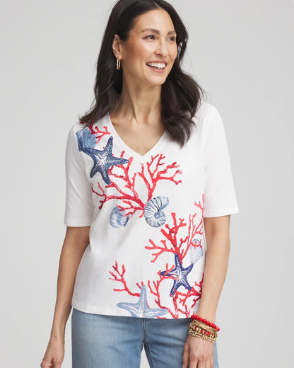 Chico's Coral Print V-Neck Perfect Tee