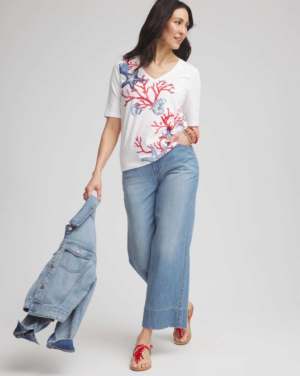 Chico's Coral Print V-Neck Perfect Tee
