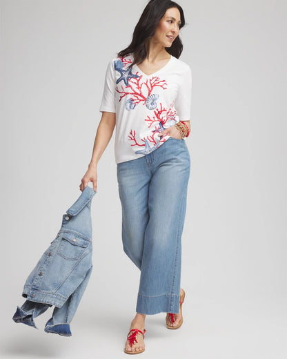 Chico's Coral Print V-Neck Perfect Tee