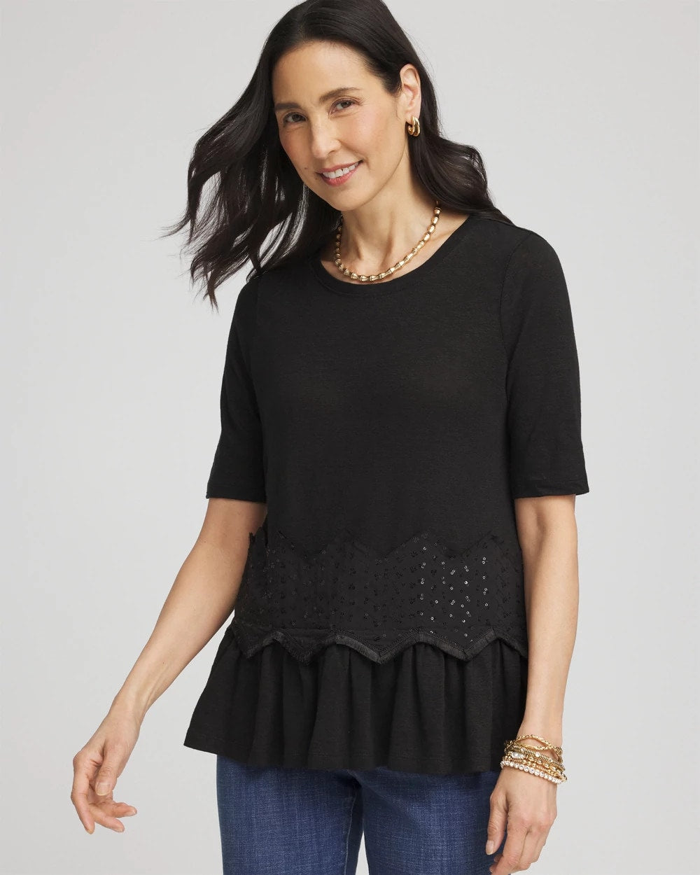 Chico's Chevron Sequin Peplum Linen Tee