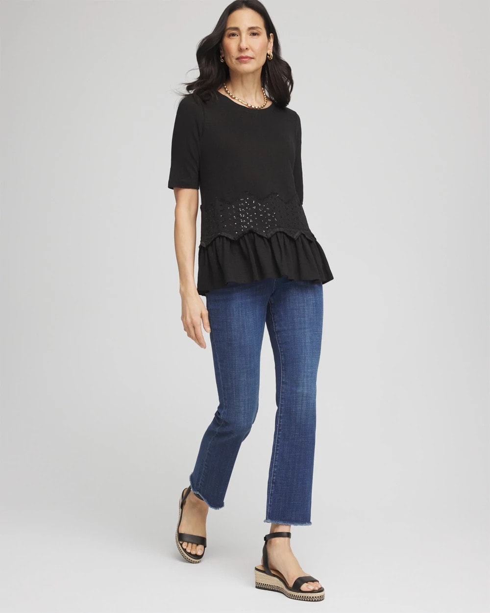 Chico's Chevron Sequin Peplum Linen Tee