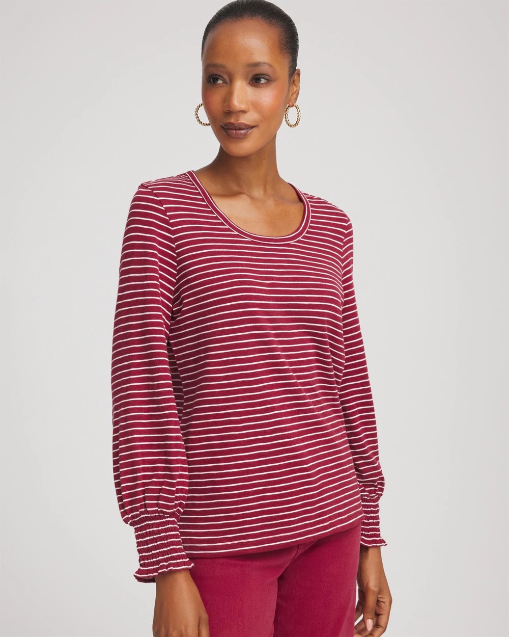 Chico's Smocked-Sleeve Cotton-Slub Tee