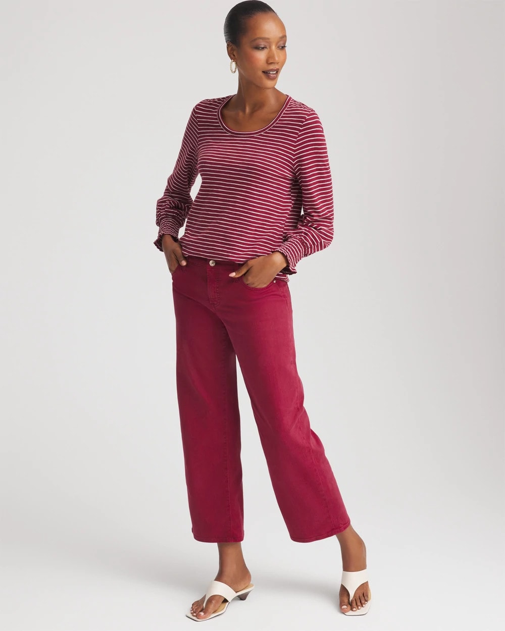 Chico's Smocked-Sleeve Cotton-Slub Tee