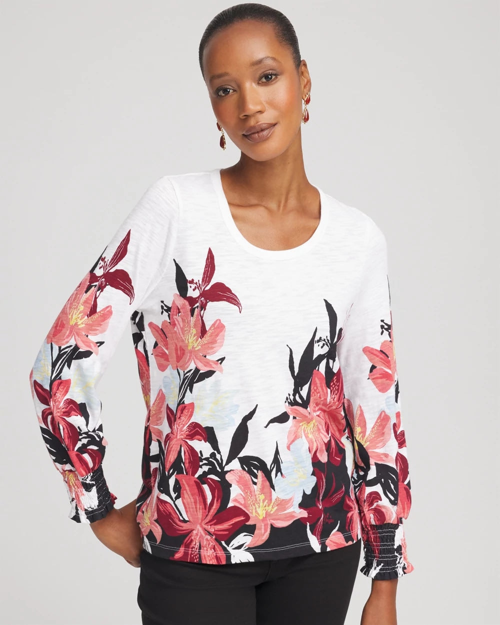 Chico's Floral-Motif Smocked Cotton-Slub Tee