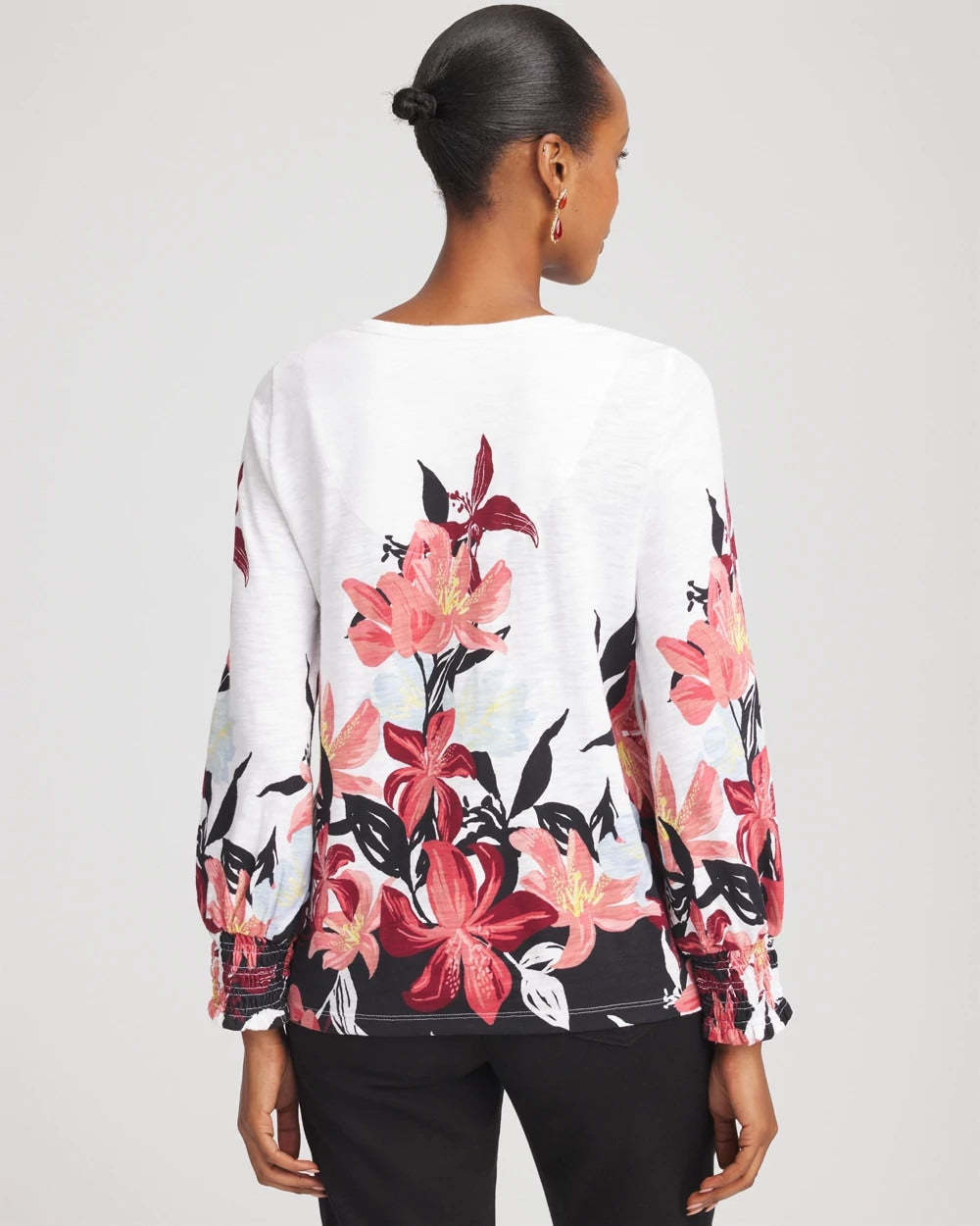 Chico's Floral-Motif Smocked Cotton-Slub Tee