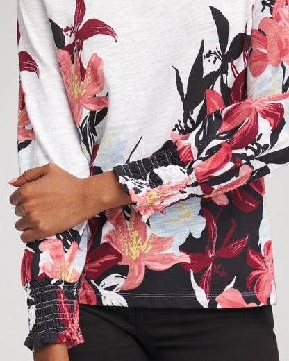 Chico's Floral-Motif Smocked Cotton-Slub Tee